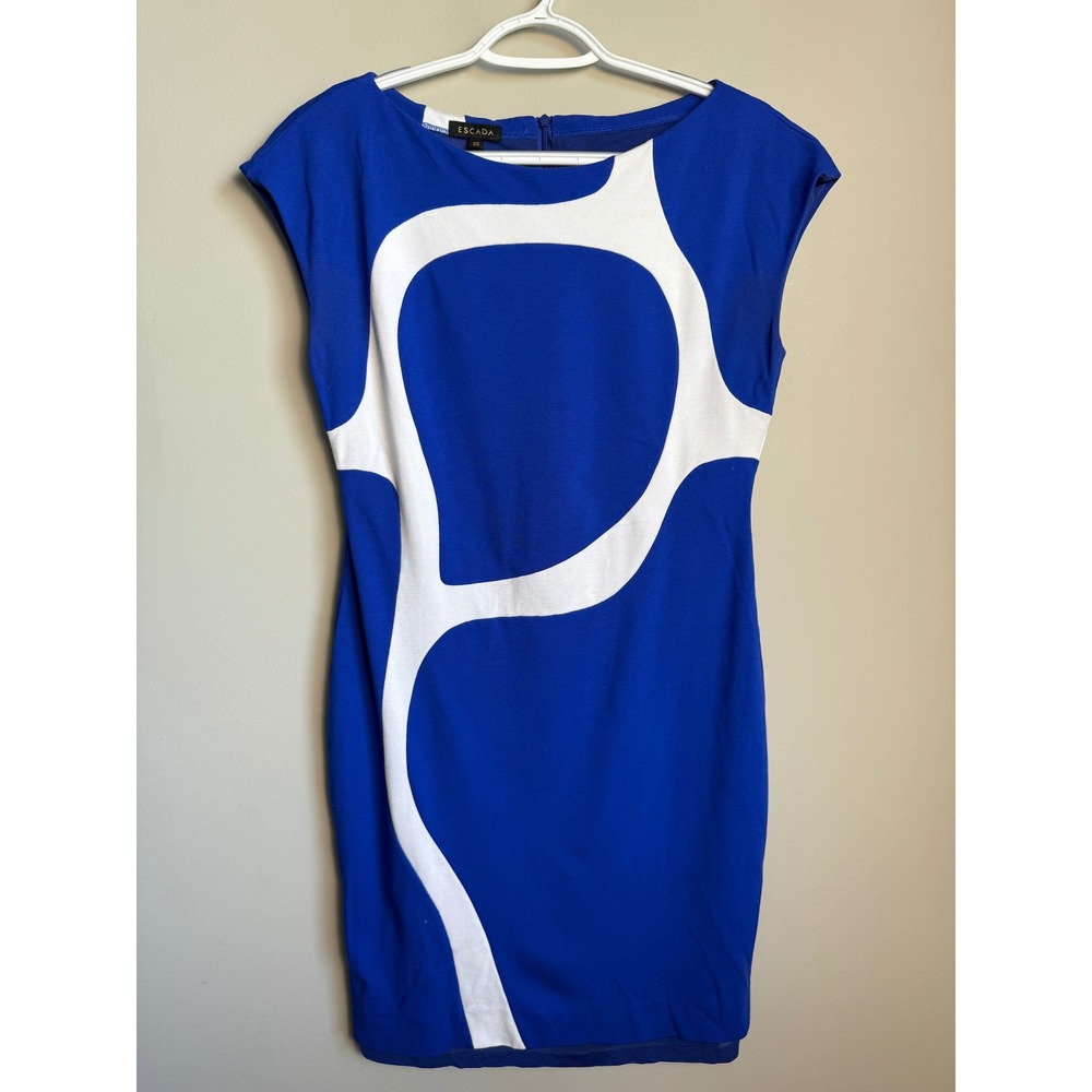 Escada Womens Azure Blue Abstract Dabossa Sheath Dress EU36 Designer Mod Chic